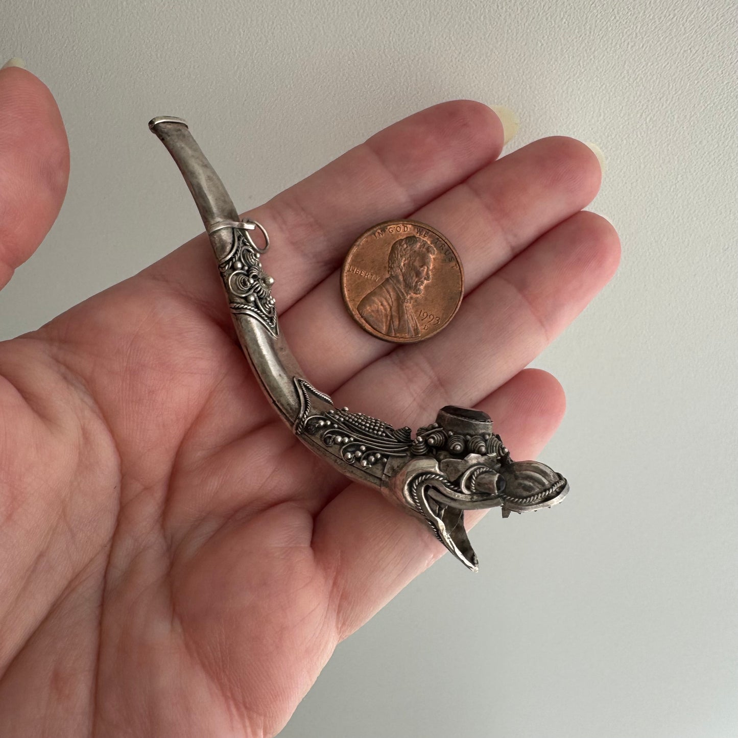 V I N T A G E // blowing smoke / sterling silver and garnet dragon / a functional pendant