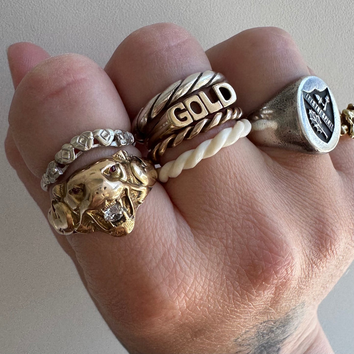 A N T I Q U E // nouveau lioness / 14k diamond and red stone art nouveau lioness ring / size 7.75+