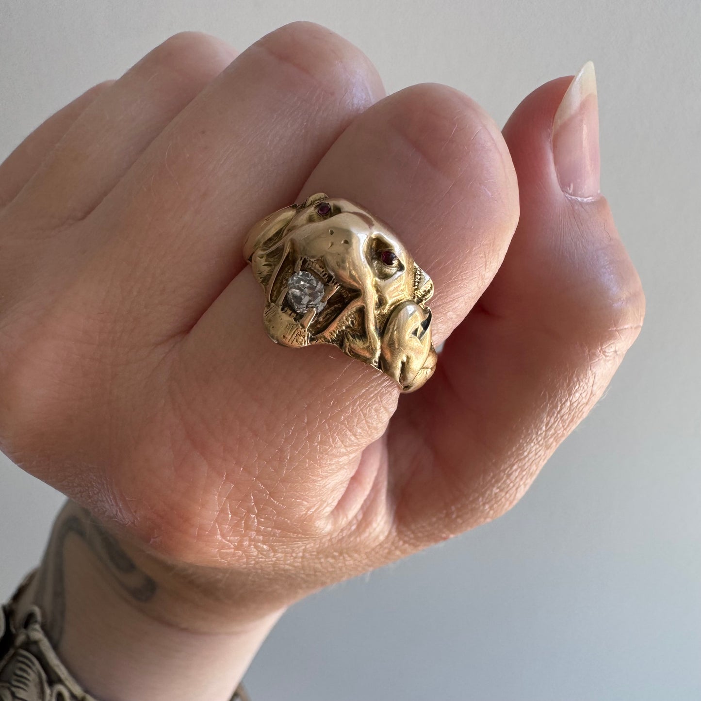 A N T I Q U E // nouveau lioness / 14k diamond and red stone art nouveau lioness ring / size 7.75+
