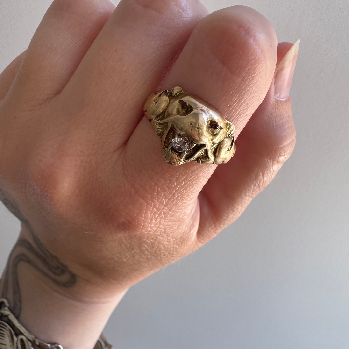 A N T I Q U E // nouveau lioness / 14k diamond and red stone art nouveau lioness ring / size 7.75+