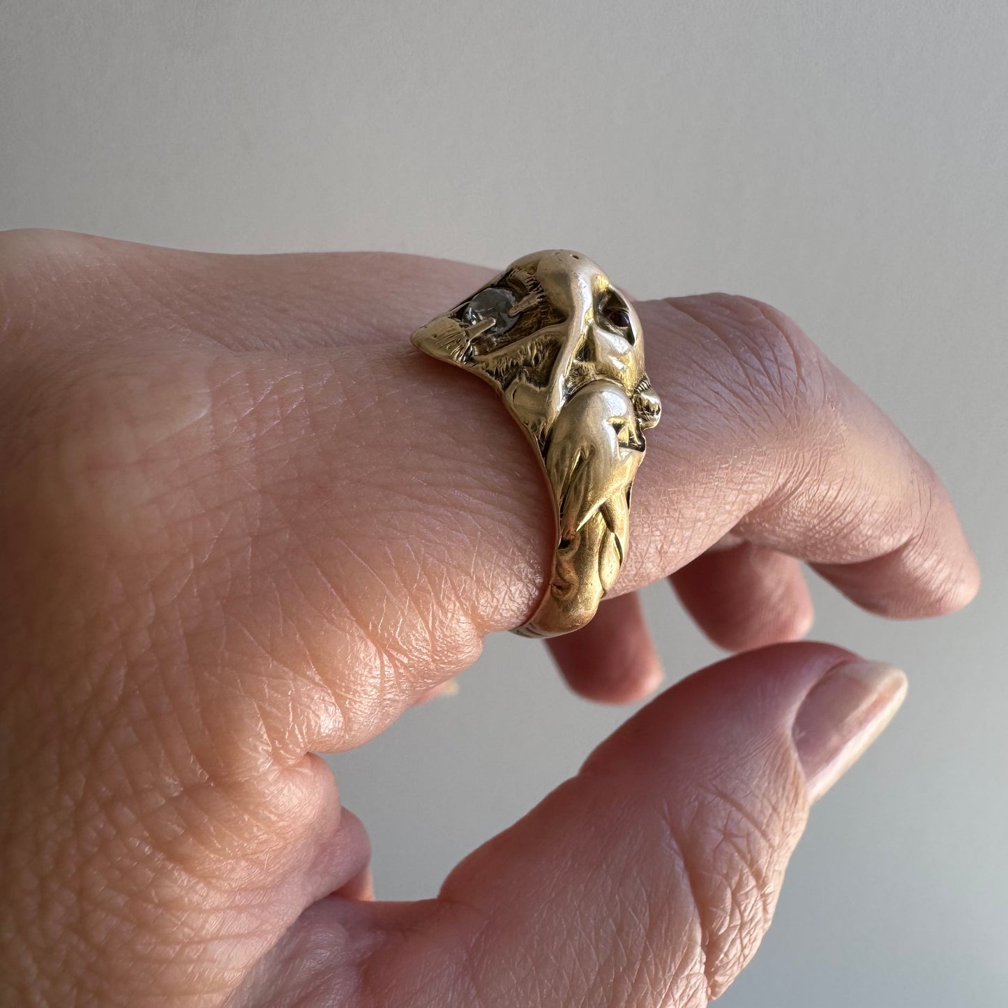 A N T I Q U E // nouveau lioness / 14k diamond and red stone art nouveau lioness ring / size 7.75+