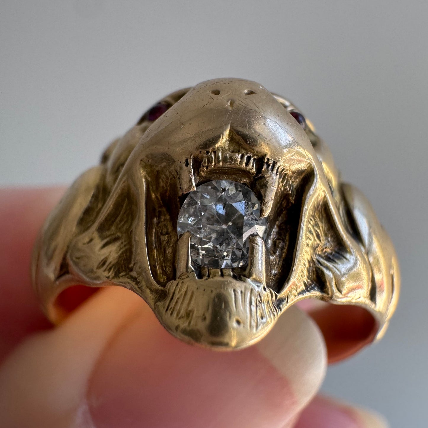 A N T I Q U E // nouveau lioness / 14k diamond and red stone art nouveau lioness ring / size 7.75+