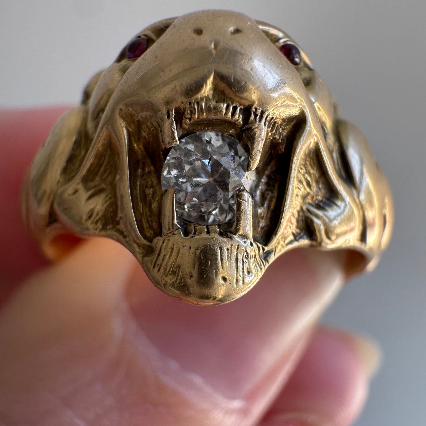 A N T I Q U E // nouveau lioness / 14k diamond and red stone art nouveau lioness ring / size 7.75+