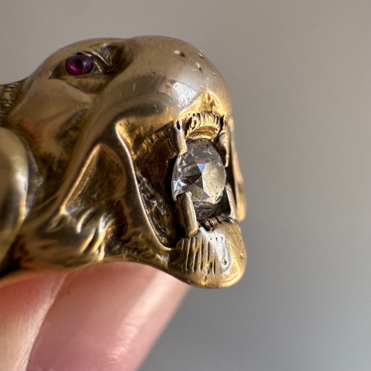 A N T I Q U E // nouveau lioness / 14k diamond and red stone art nouveau lioness ring / size 7.75+