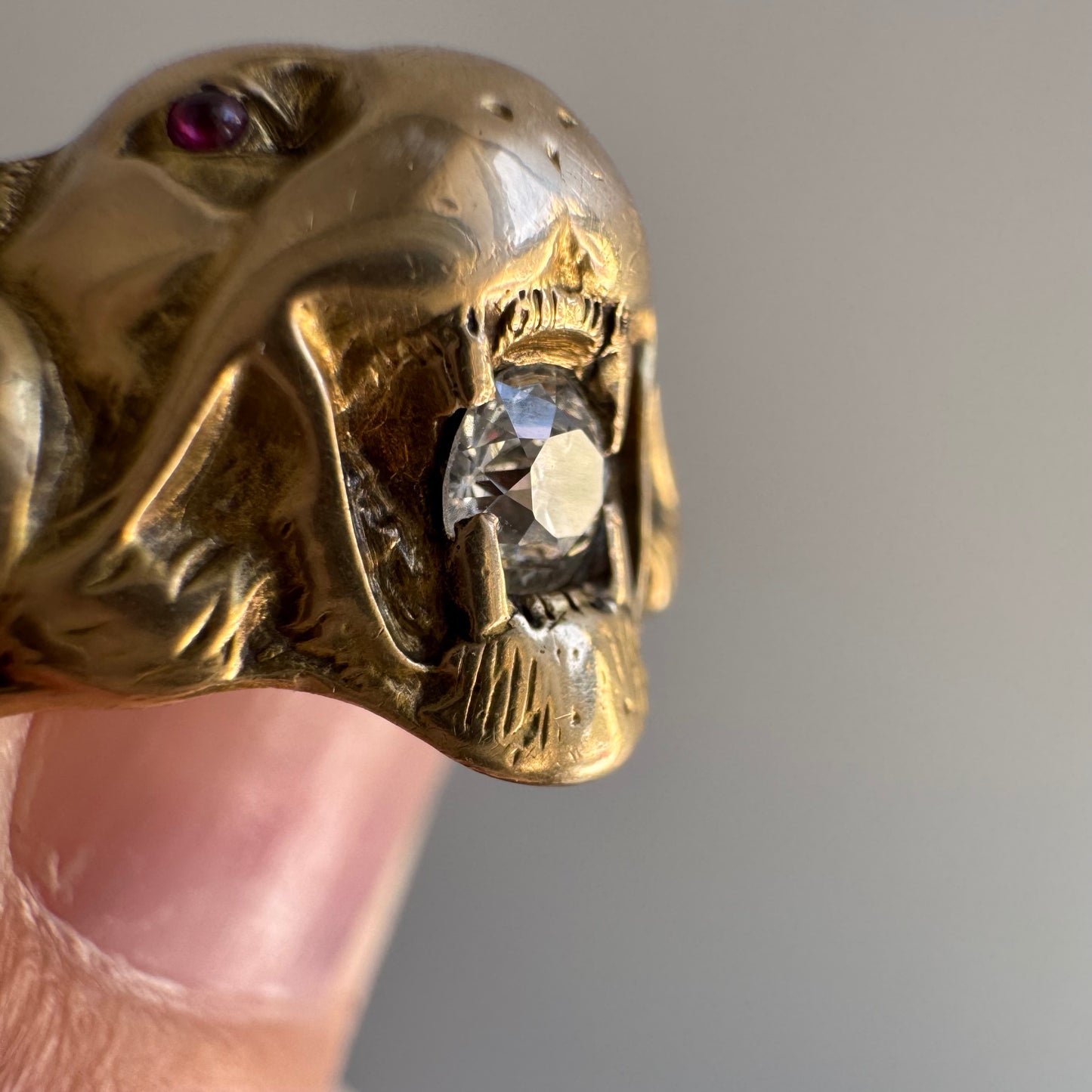 A N T I Q U E // nouveau lioness / 14k diamond and red stone art nouveau lioness ring / size 7.75+