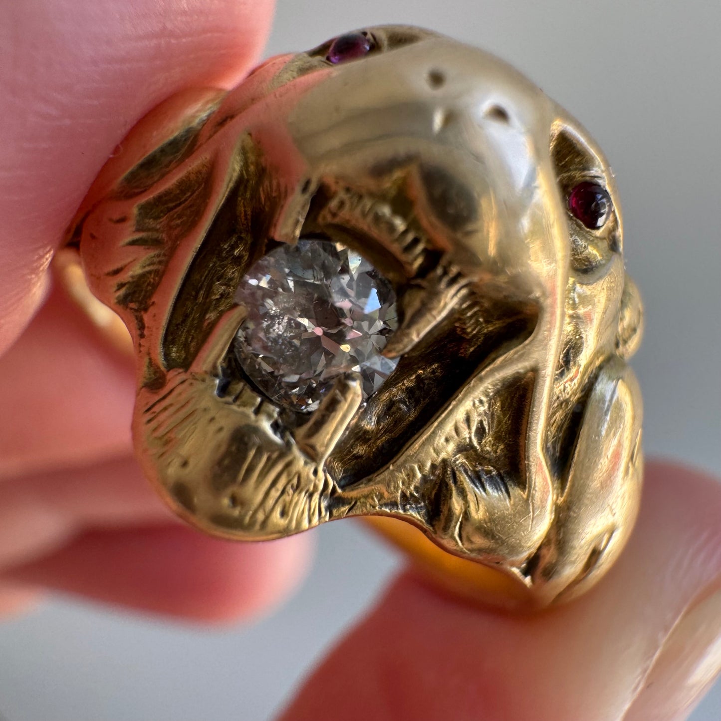 A N T I Q U E // nouveau lioness / 14k diamond and red stone art nouveau lioness ring / size 7.75+