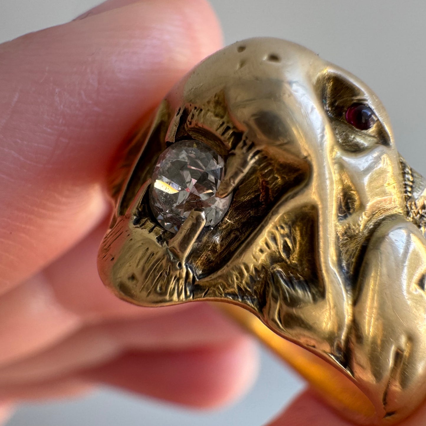 A N T I Q U E // nouveau lioness / 14k diamond and red stone art nouveau lioness ring / size 7.75+