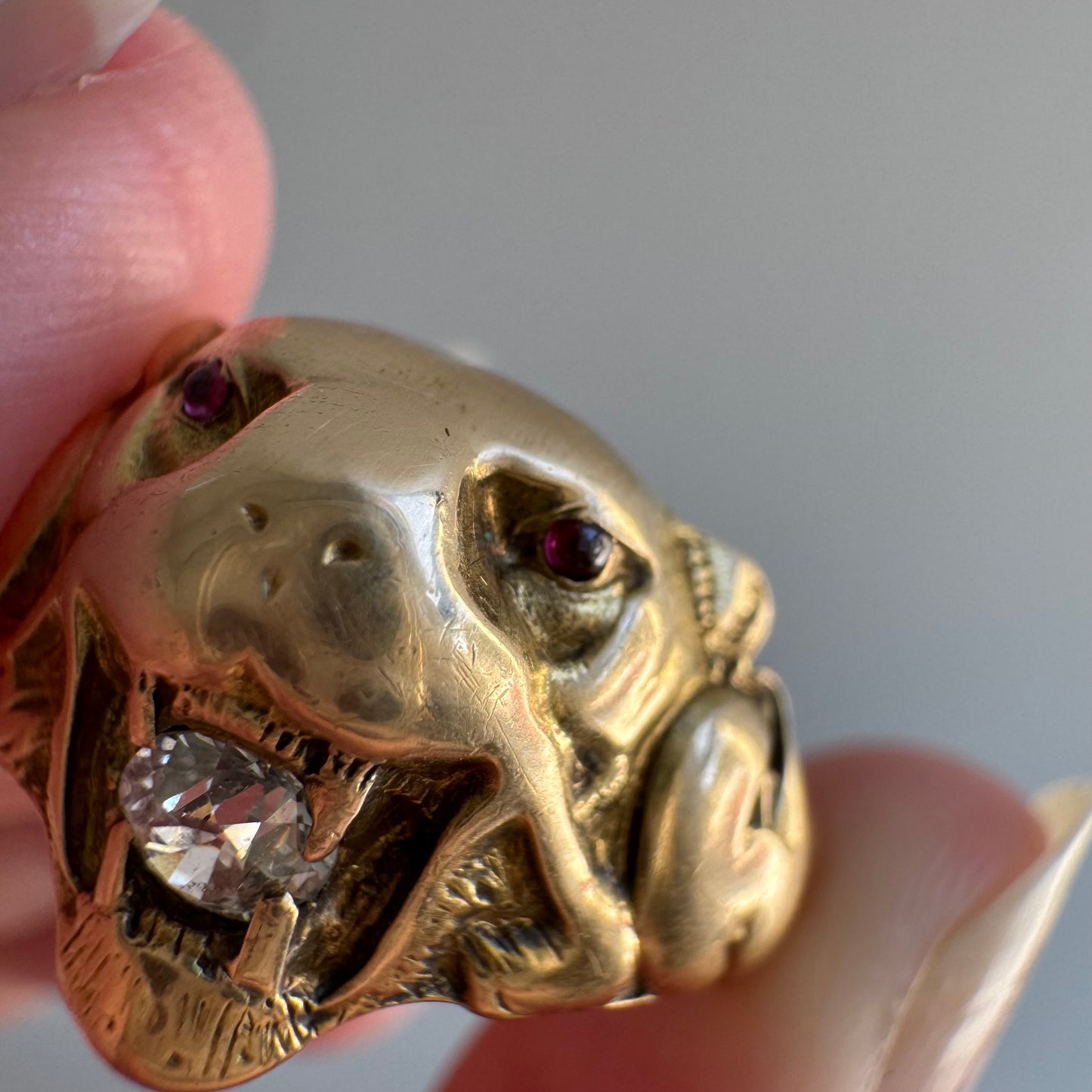 A N T I Q U E // nouveau lioness / 14k diamond and red stone art nouveau lioness ring / size 7.75+