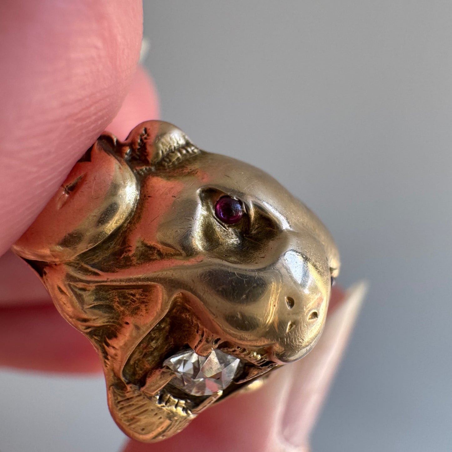 A N T I Q U E // nouveau lioness / 14k diamond and red stone art nouveau lioness ring / size 7.75+