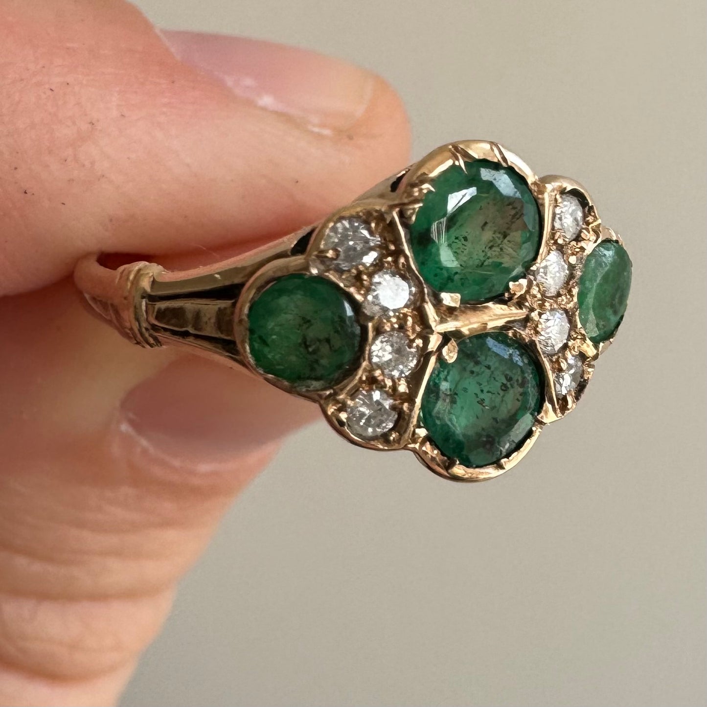 A N T I Q U E // emerald romance / 10k emerald and diamond edwardian cluster ring / size 6.5