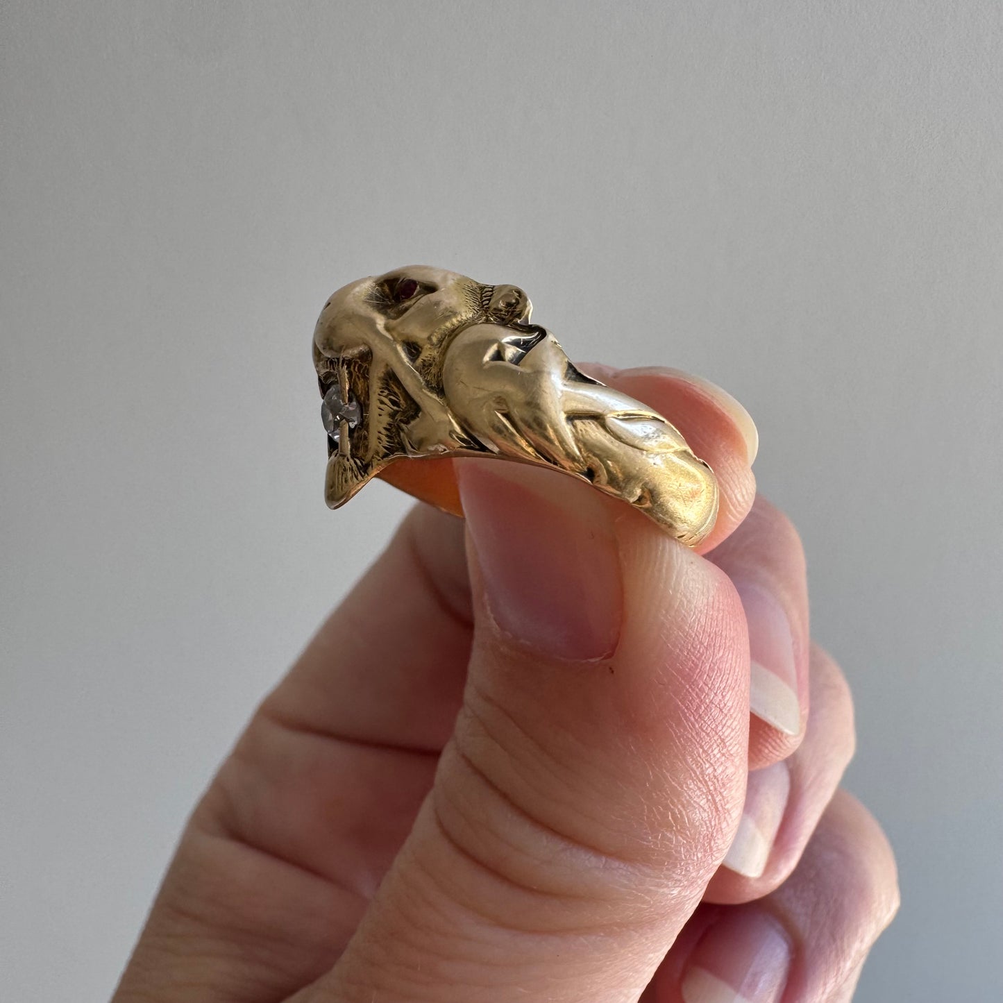 A N T I Q U E // nouveau lioness / 14k diamond and red stone art nouveau lioness ring / size 7.75+