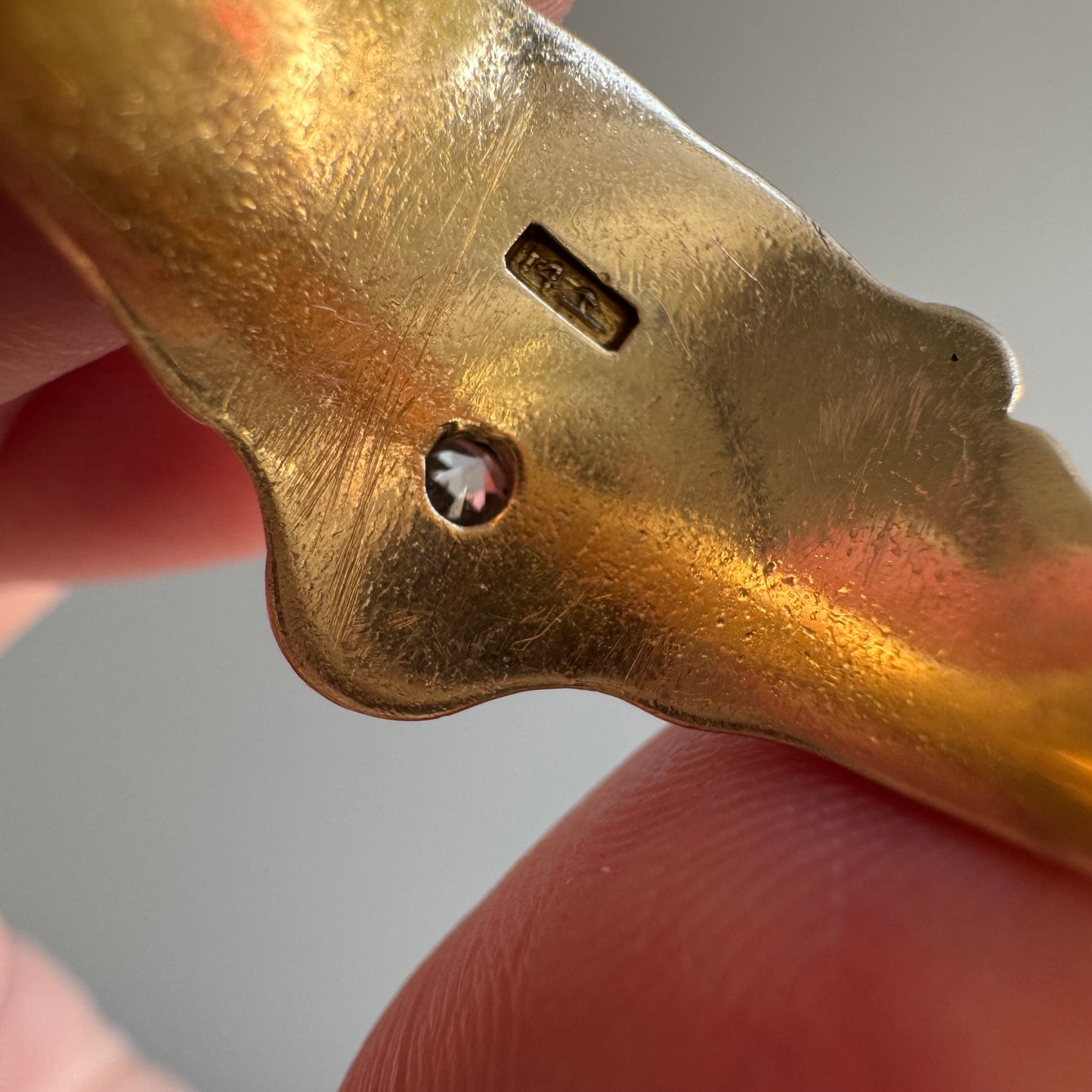 A N T I Q U E // nouveau lioness / 14k diamond and red stone art nouveau lioness ring / size 7.75+