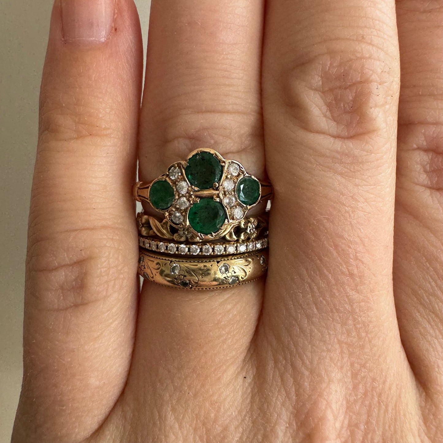 A N T I Q U E // emerald romance / 10k emerald and diamond edwardian cluster ring / size 6.5