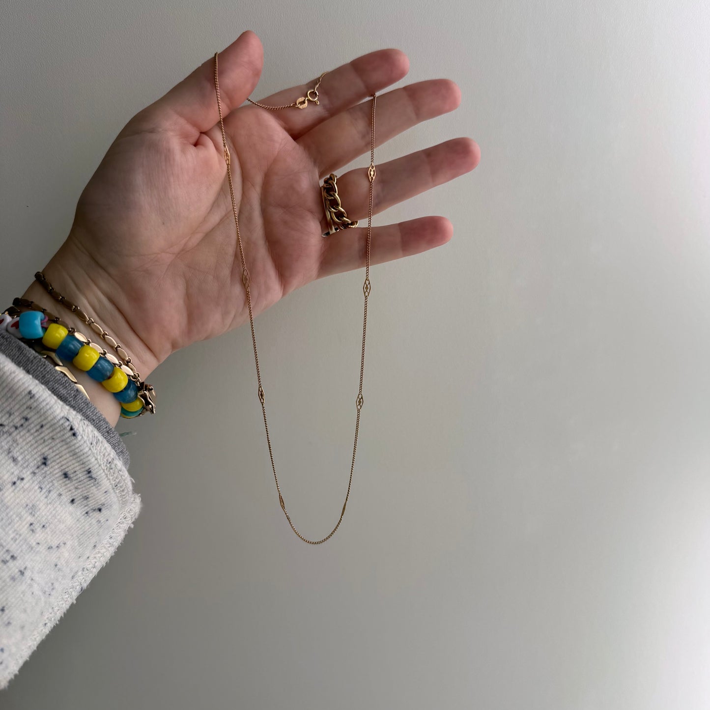 V I N T A G E // deco stations / 14k yellow gold curb chain necklace with fancy stations / almost 18.75", 2.3g