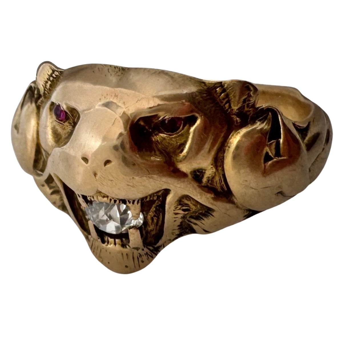 A N T I Q U E // nouveau lioness / 14k diamond and red stone art nouveau lioness ring / size 7.75+