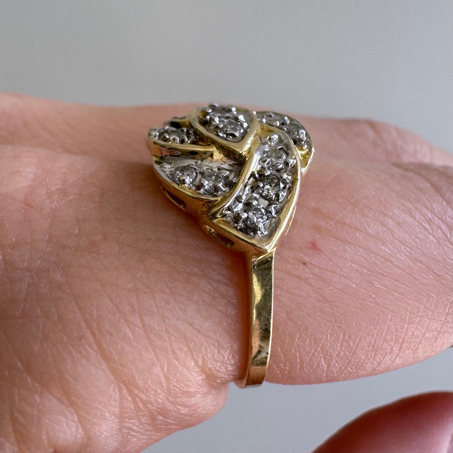 V I N T A G E // pinwheel cluster / 14k yellow gold and diamond east west navette cluster ring / size 6.75