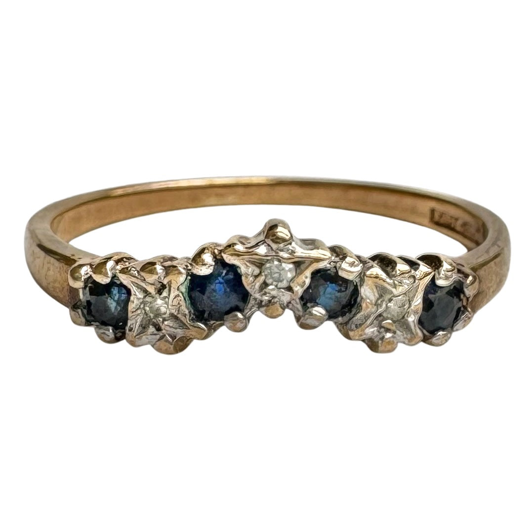 V I N T A G E // starry stacker / 9k yellow gold curved band with blue topaz and diamonds / size 7.5