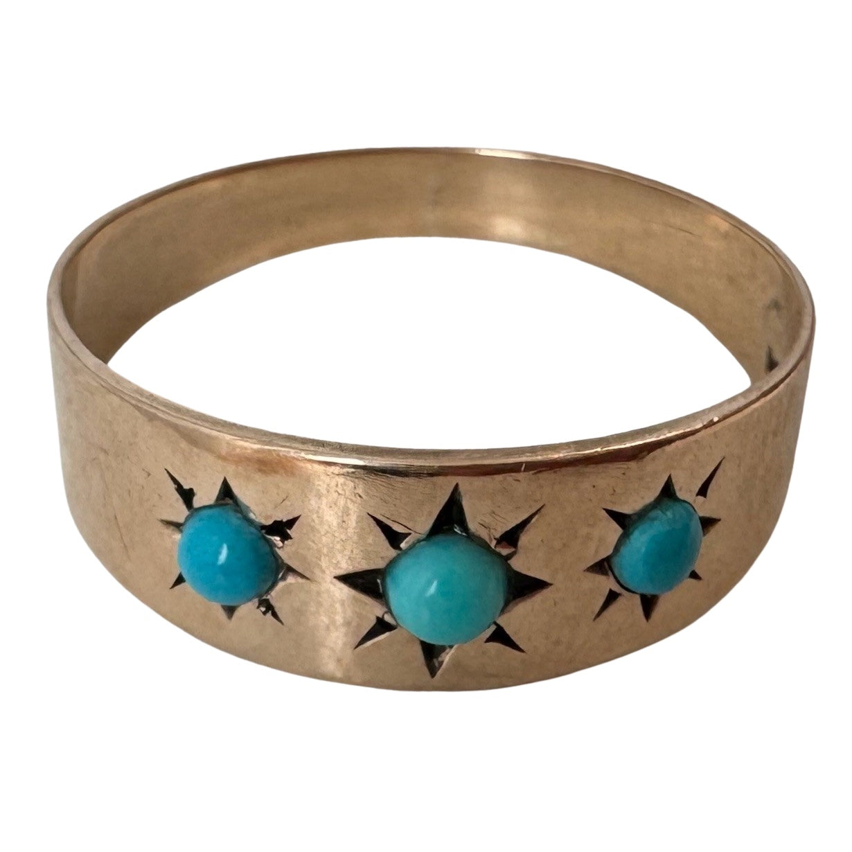 reimagined A N T I Q U E // 9k rosy yellow gold starburst trilogy band with turquoise / size 7