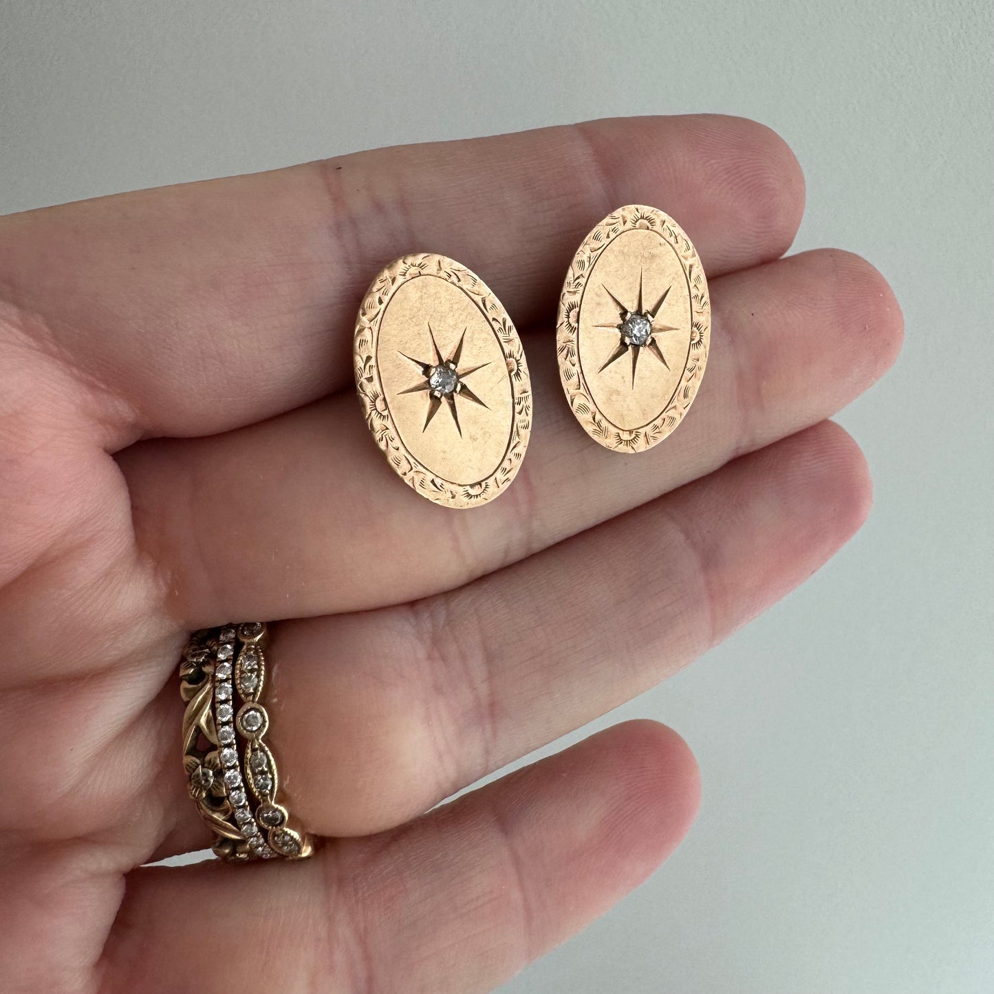 reimagined A N T I Q U E // framed north star / 10k rosy yellow gold and diamond cufflink conversion post earrings