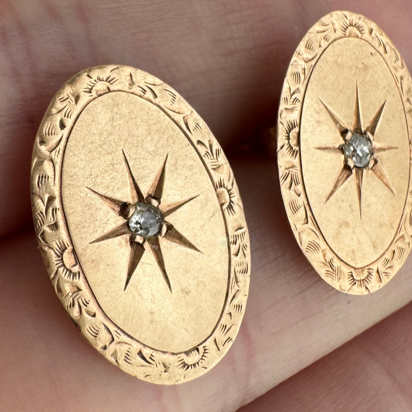 reimagined A N T I Q U E // framed north star / 10k rosy yellow gold and diamond cufflink conversion post earrings