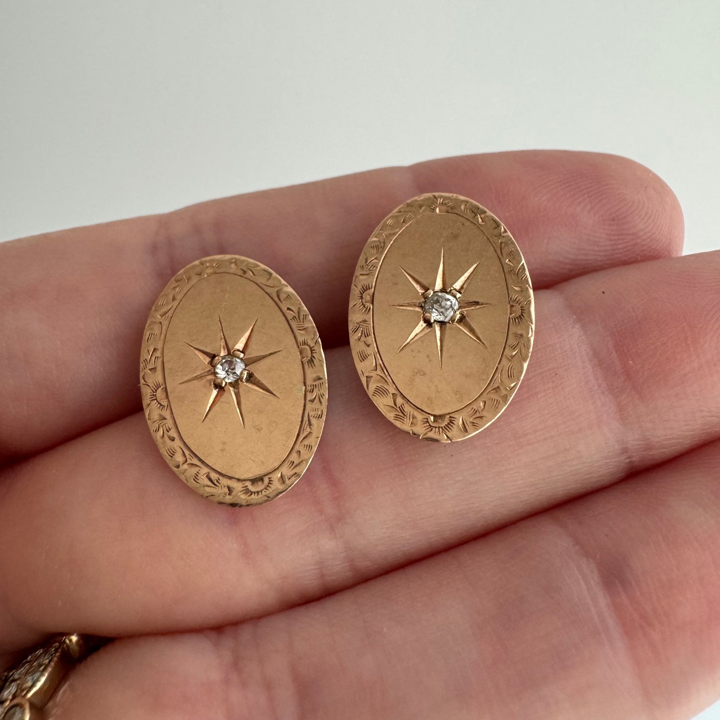 reimagined A N T I Q U E // framed north star / 10k rosy yellow gold and diamond cufflink conversion post earrings