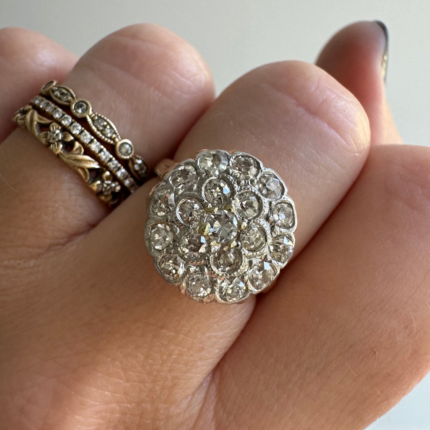 V I N T A G E // moon daisy / 14k yellow and white gold round daisy cluster ring / size 5.75 to 6