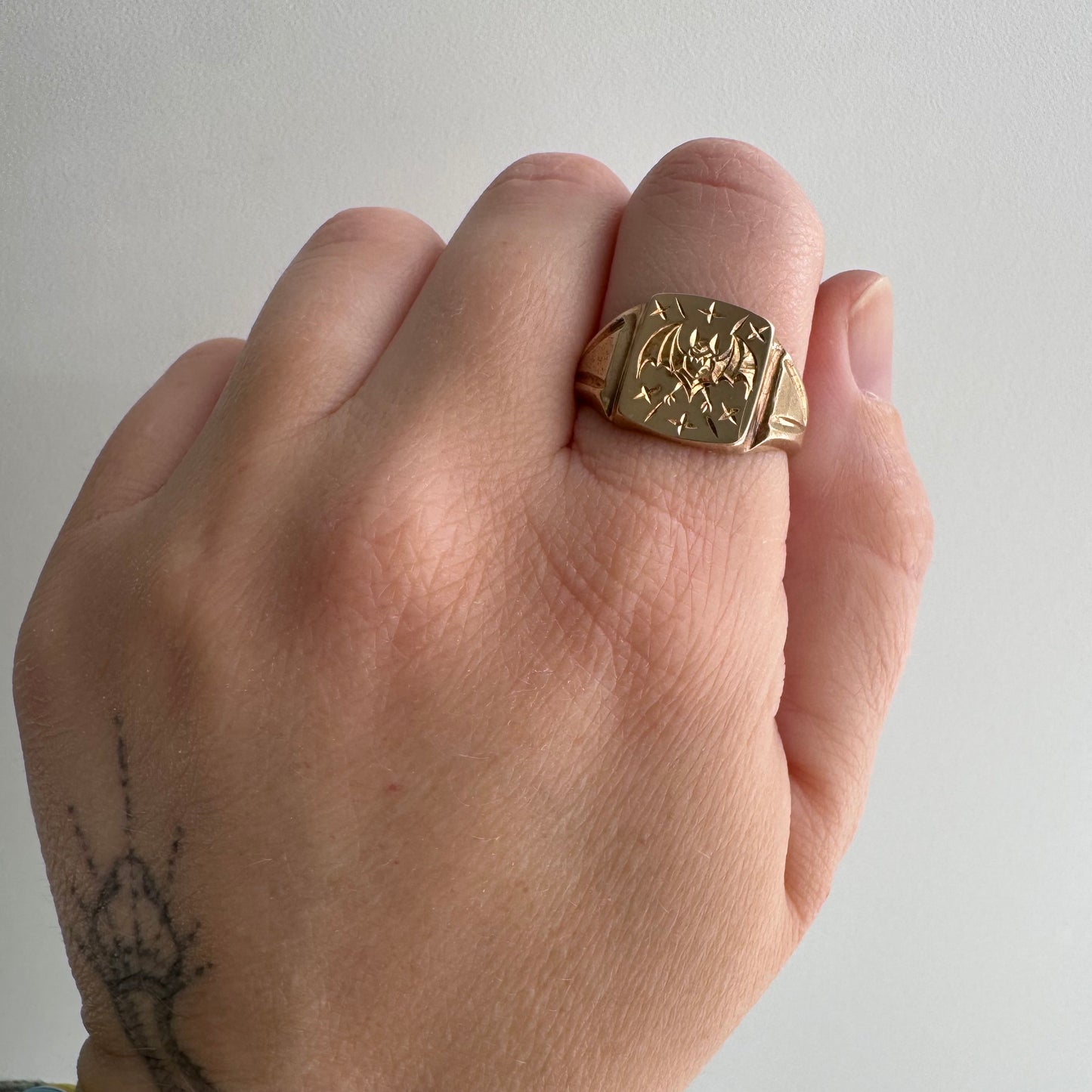 reimagined V I N T A G E // intuitive guide / 10k rosy yellow signet with a newly engraved bat / size 8.5