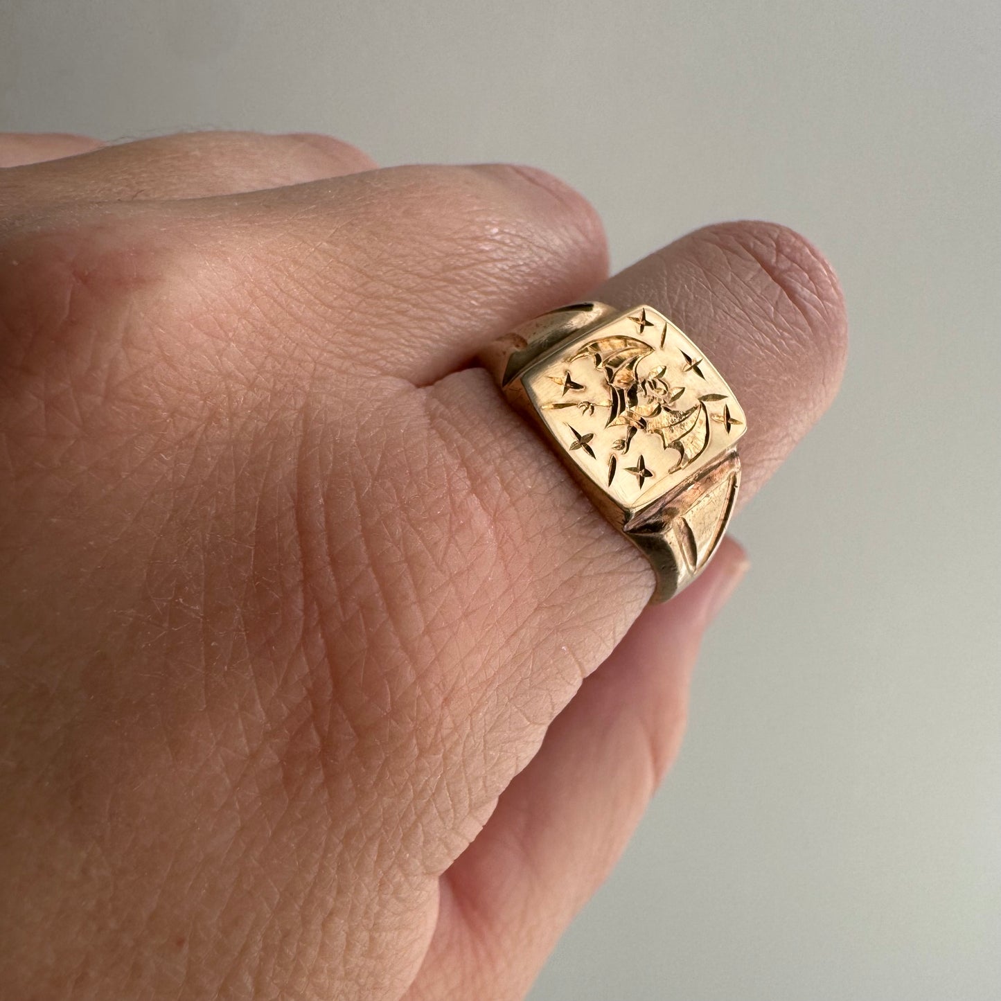 reimagined V I N T A G E // intuitive guide / 10k rosy yellow signet with a newly engraved bat / size 8.5