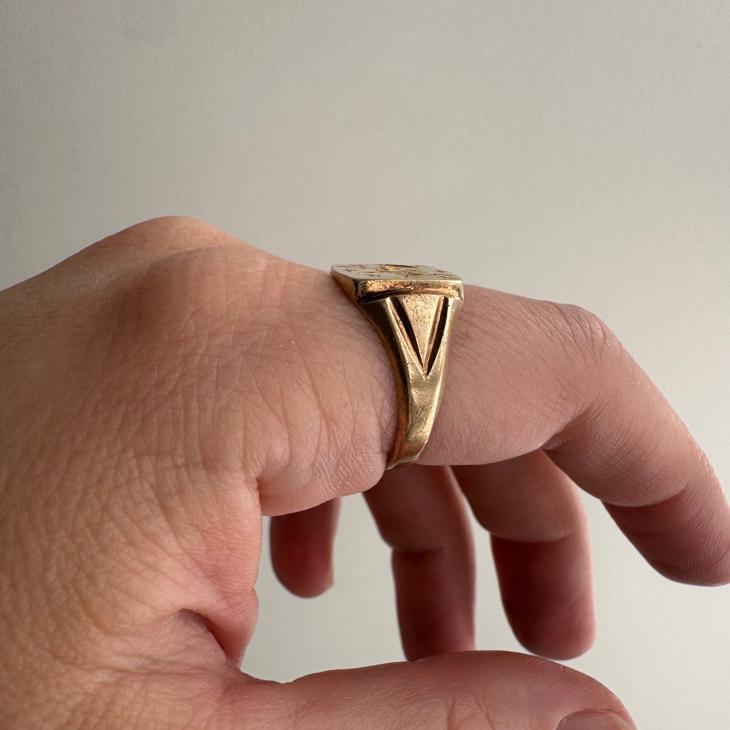 reimagined V I N T A G E // intuitive guide / 10k rosy yellow signet with a newly engraved bat / size 8.5