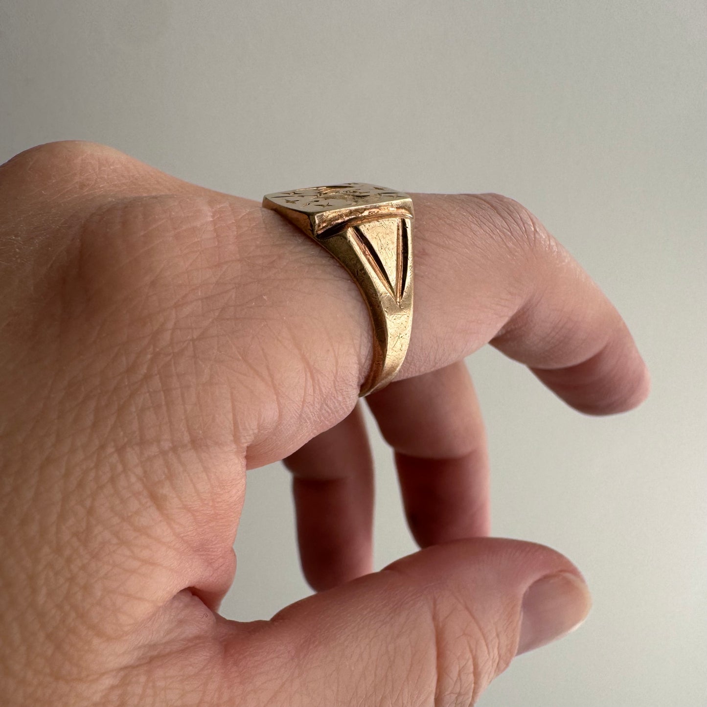 reimagined V I N T A G E // intuitive guide / 10k rosy yellow signet with a newly engraved bat / size 8.5