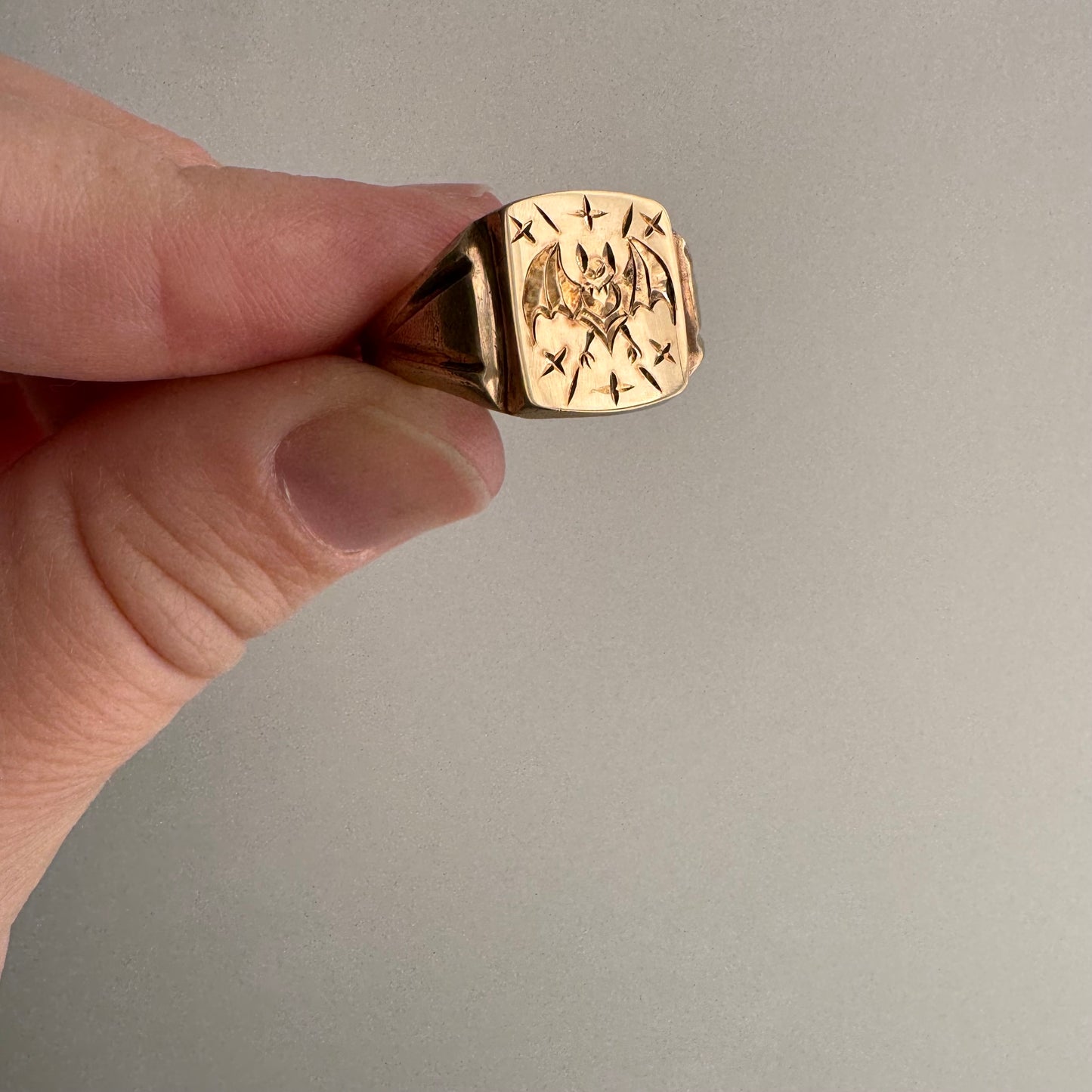 reimagined V I N T A G E // intuitive guide / 10k rosy yellow signet with a newly engraved bat / size 8.5