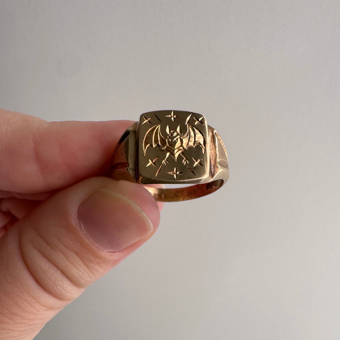 reimagined V I N T A G E // intuitive guide / 10k rosy yellow signet with a newly engraved bat / size 8.5