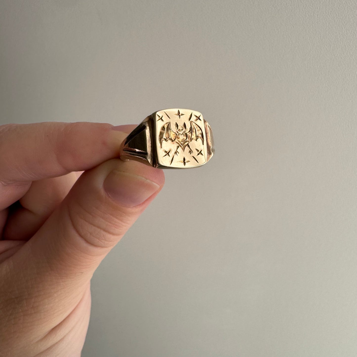 reimagined V I N T A G E // intuitive guide / 10k rosy yellow signet with a newly engraved bat / size 8.5