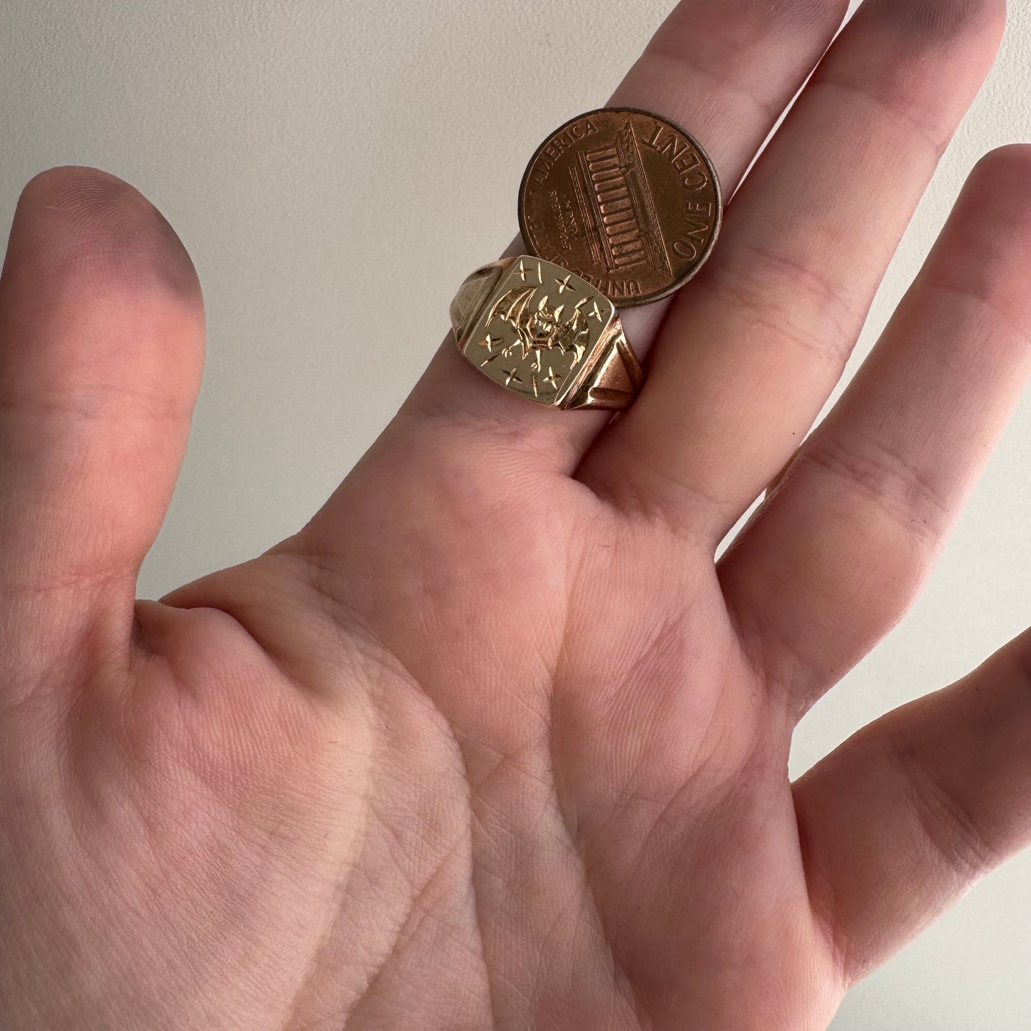 reimagined V I N T A G E // intuitive guide / 10k rosy yellow signet with a newly engraved bat / size 8.5