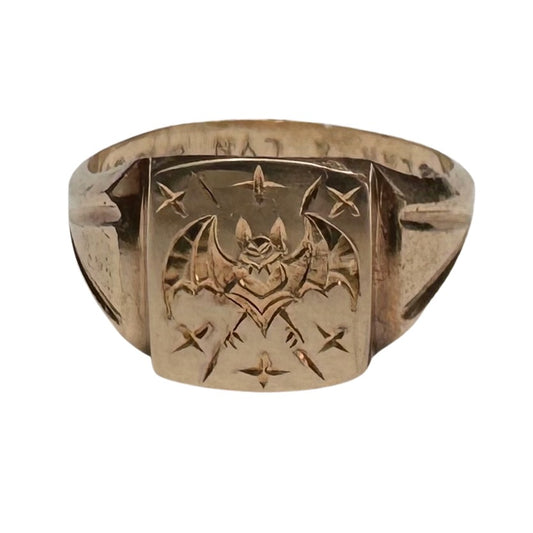 reimagined V I N T A G E // intuitive guide / 10k rosy yellow signet with a newly engraved bat / size 8.5