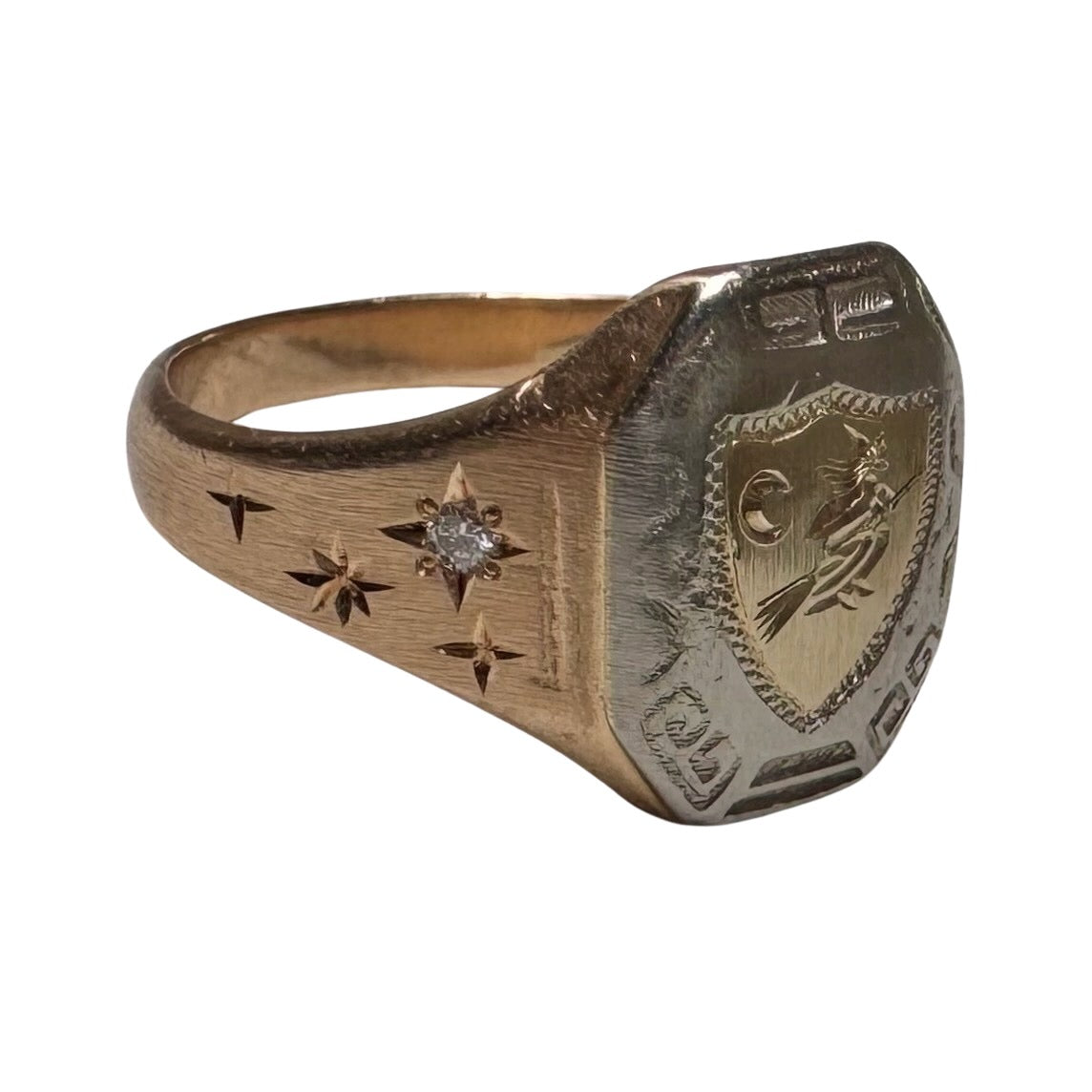 reimagined V I N T A G E // the best witch / 10k tricolor gold and diamond witch shield signet ring / size 8.25