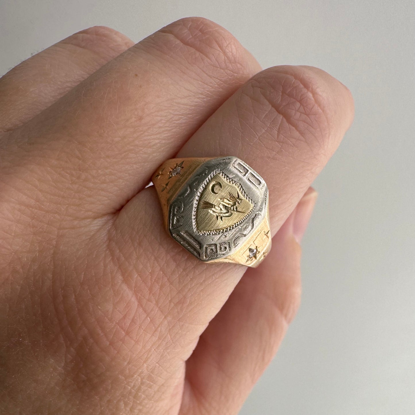 reimagined V I N T A G E // the best witch / 10k tricolor gold and diamond witch shield signet ring / size 8.25