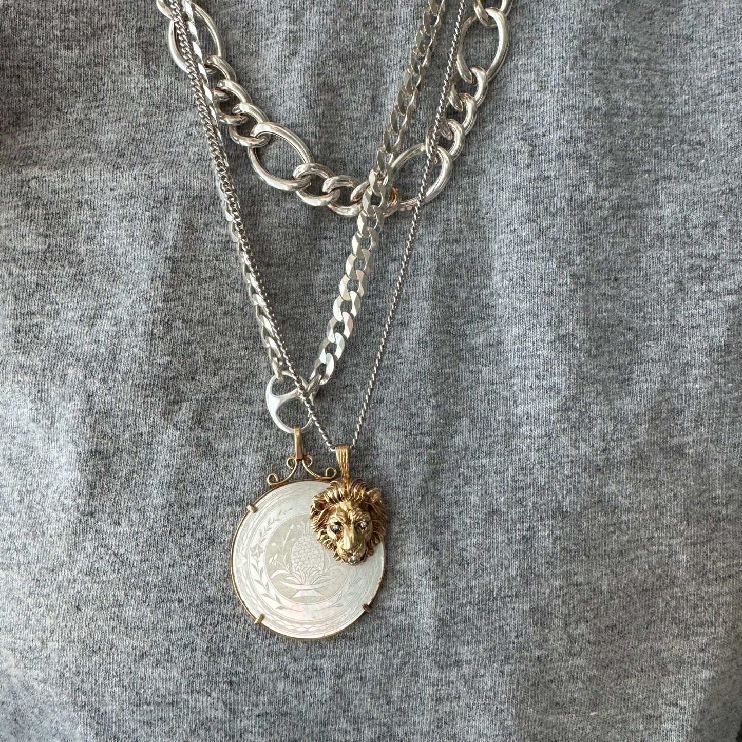 reworked A N T I Q U E // fruits of our labor / solid 14k yellow gold framed antique Chinese gambling chip pendant / carved mother of pearl