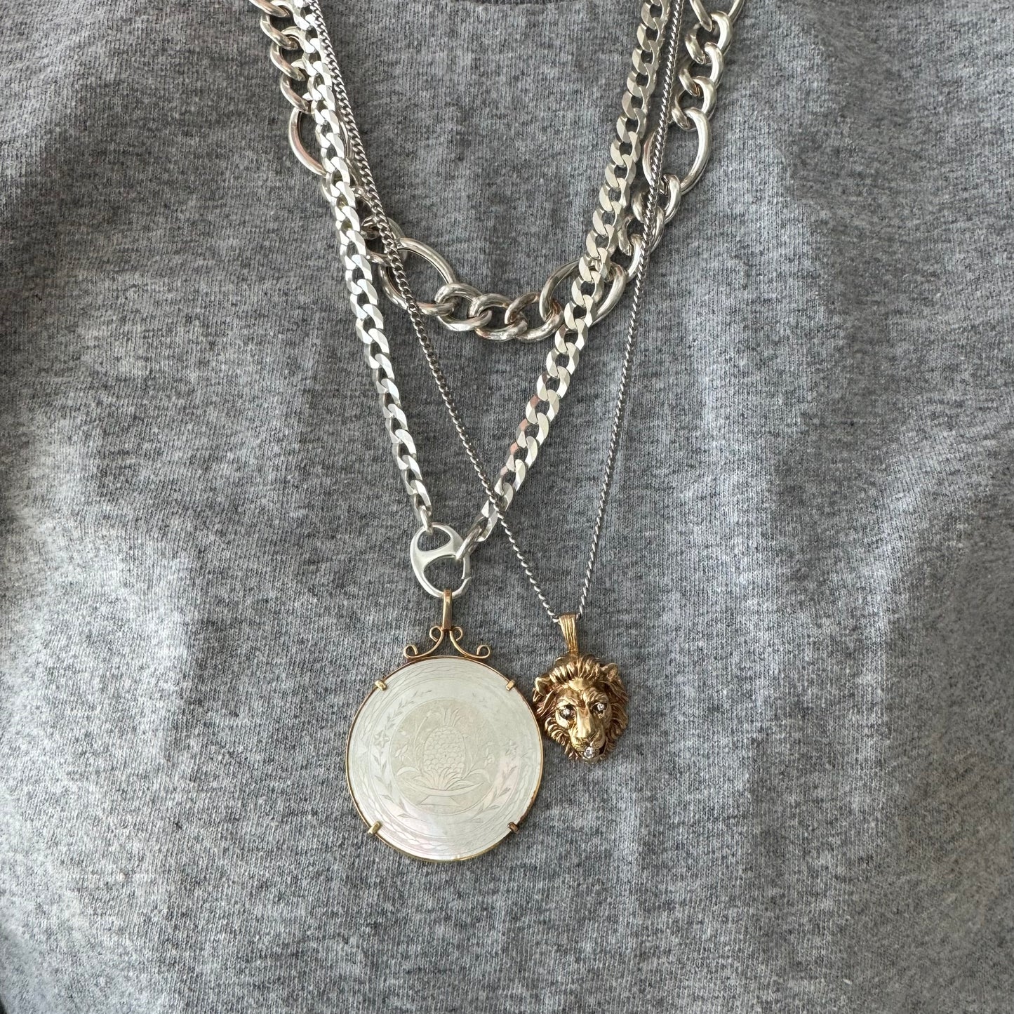 reworked A N T I Q U E // fruits of our labor / solid 14k yellow gold framed antique Chinese gambling chip pendant / carved mother of pearl