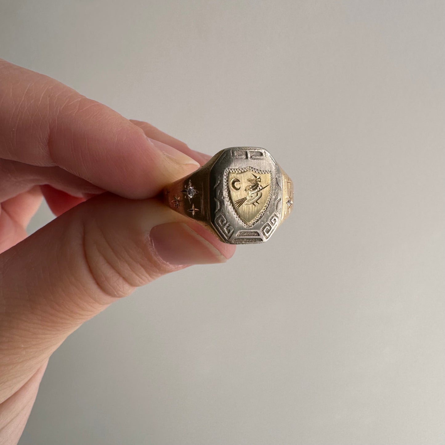 reimagined V I N T A G E // the best witch / 10k tricolor gold and diamond witch shield signet ring / size 8.25
