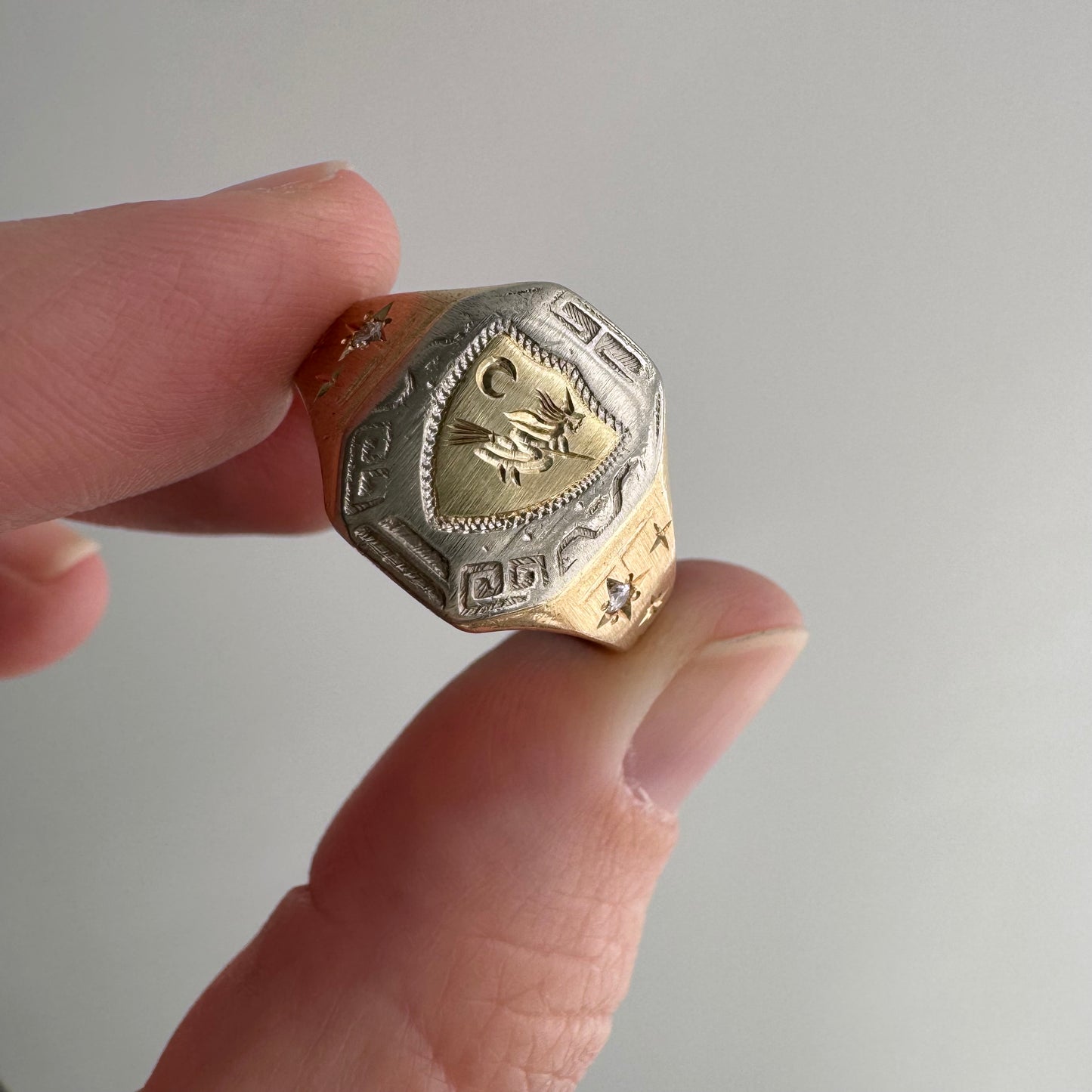 reimagined V I N T A G E // the best witch / 10k tricolor gold and diamond witch shield signet ring / size 8.25
