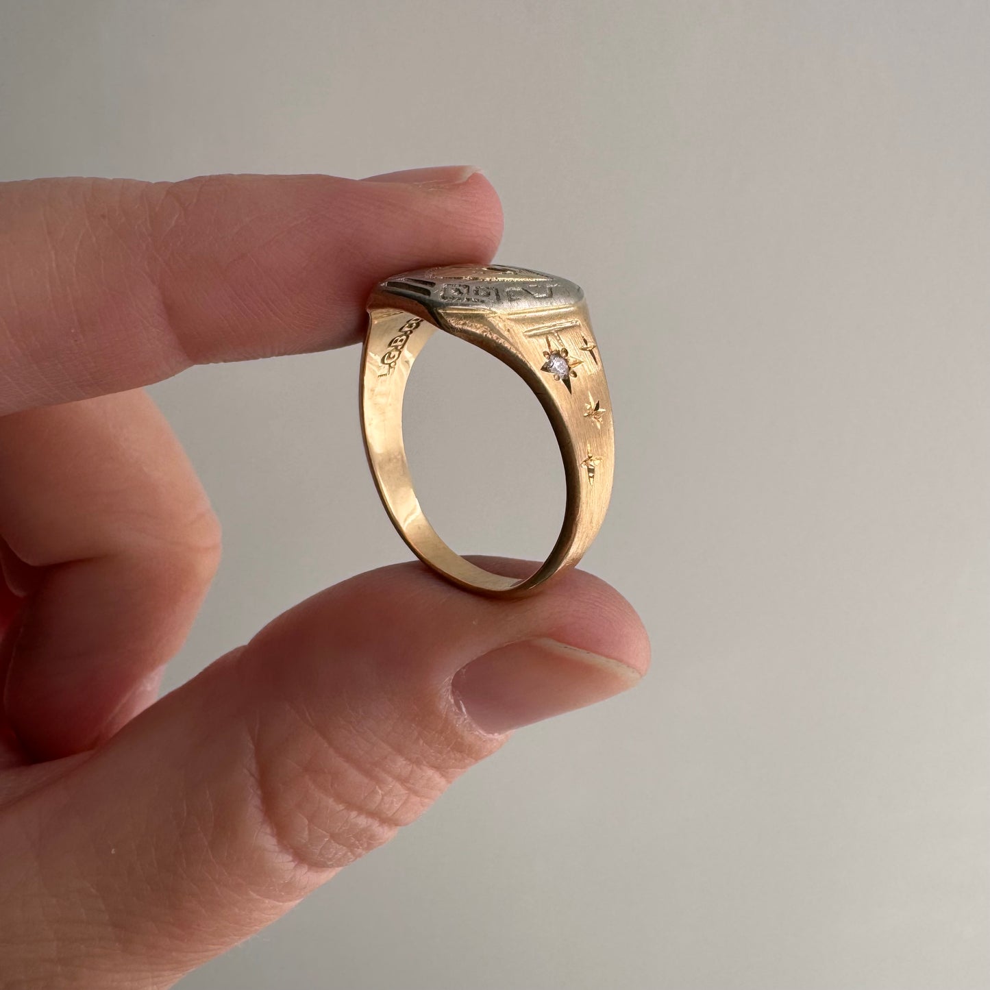 reimagined V I N T A G E // the best witch / 10k tricolor gold and diamond witch shield signet ring / size 8.25