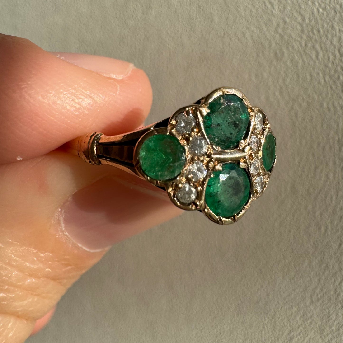 A N T I Q U E // emerald romance / 10k emerald and diamond edwardian cluster ring / size 6.5