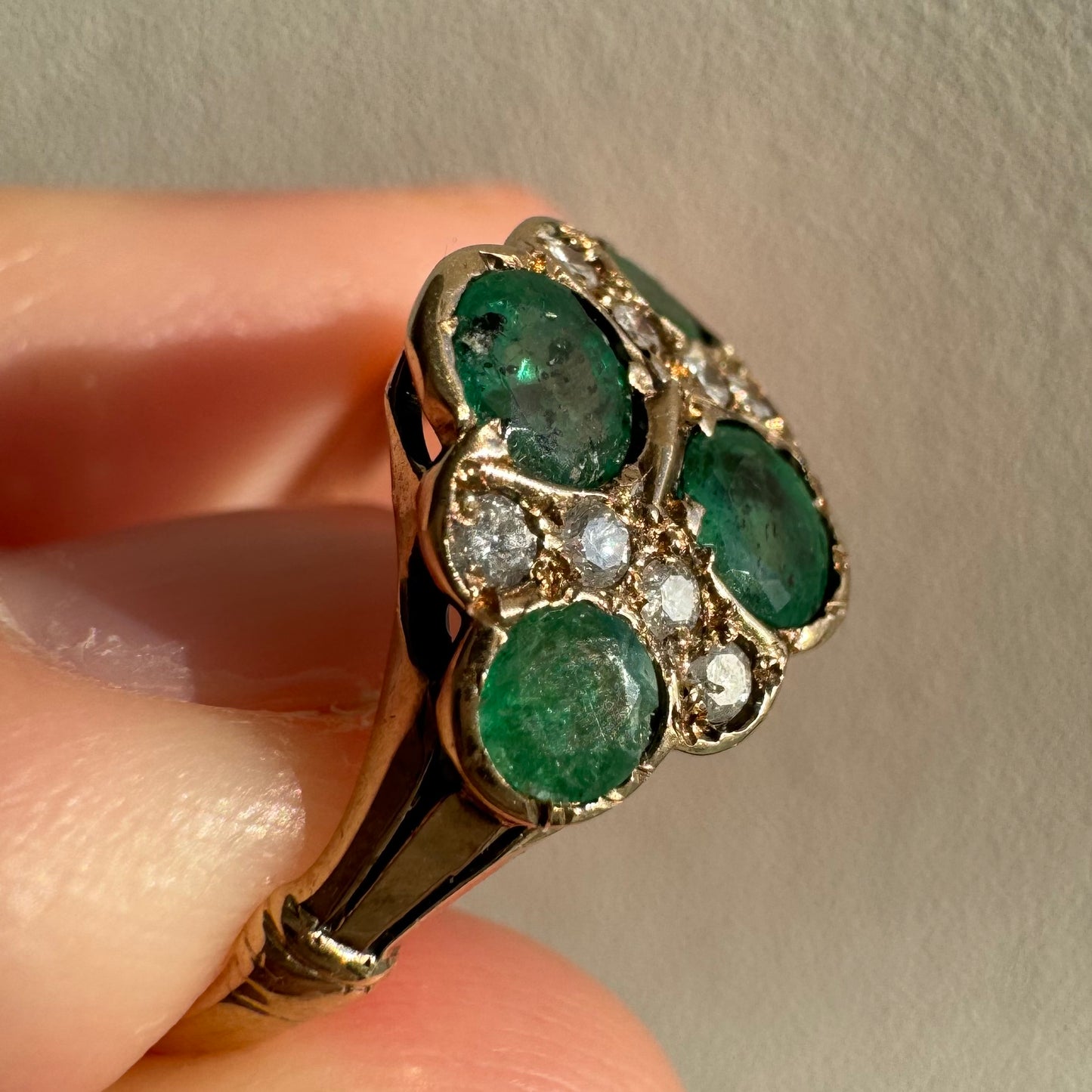 A N T I Q U E // emerald romance / 10k emerald and diamond edwardian cluster ring / size 6.5