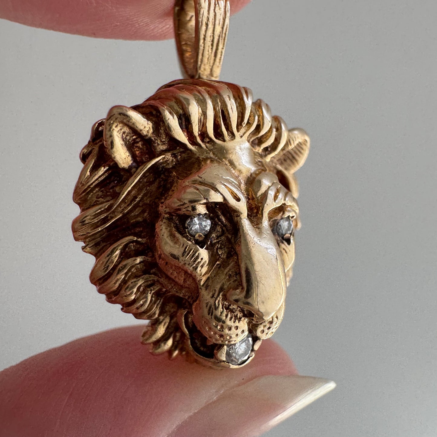 V I N T A G E // diamond grin / solid 14k yellow gold and diamond lion face / a pendant