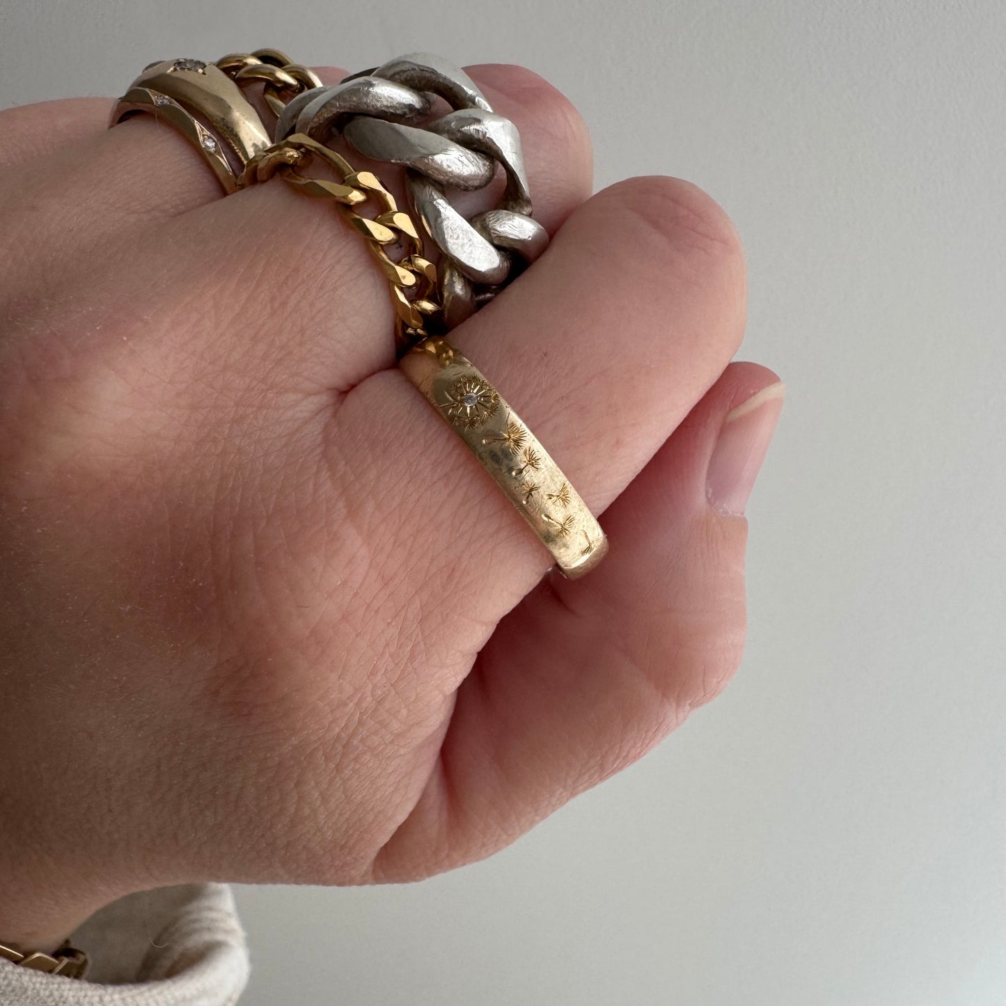 reimagined V I N T A G E // wind blown / 10k yellow gold 4.1mm band with diamond and wind-blown dandelion seeds / size 10.75
