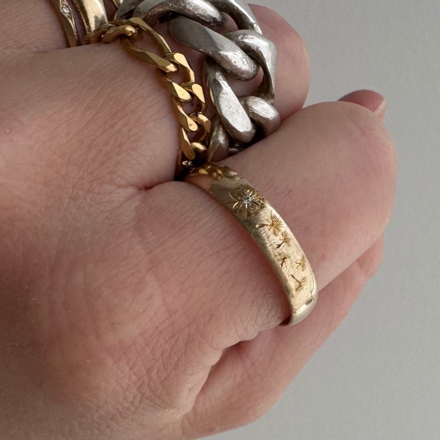 reimagined V I N T A G E // wind blown / 10k yellow gold 4.1mm band with diamond and wind-blown dandelion seeds / size 10.75