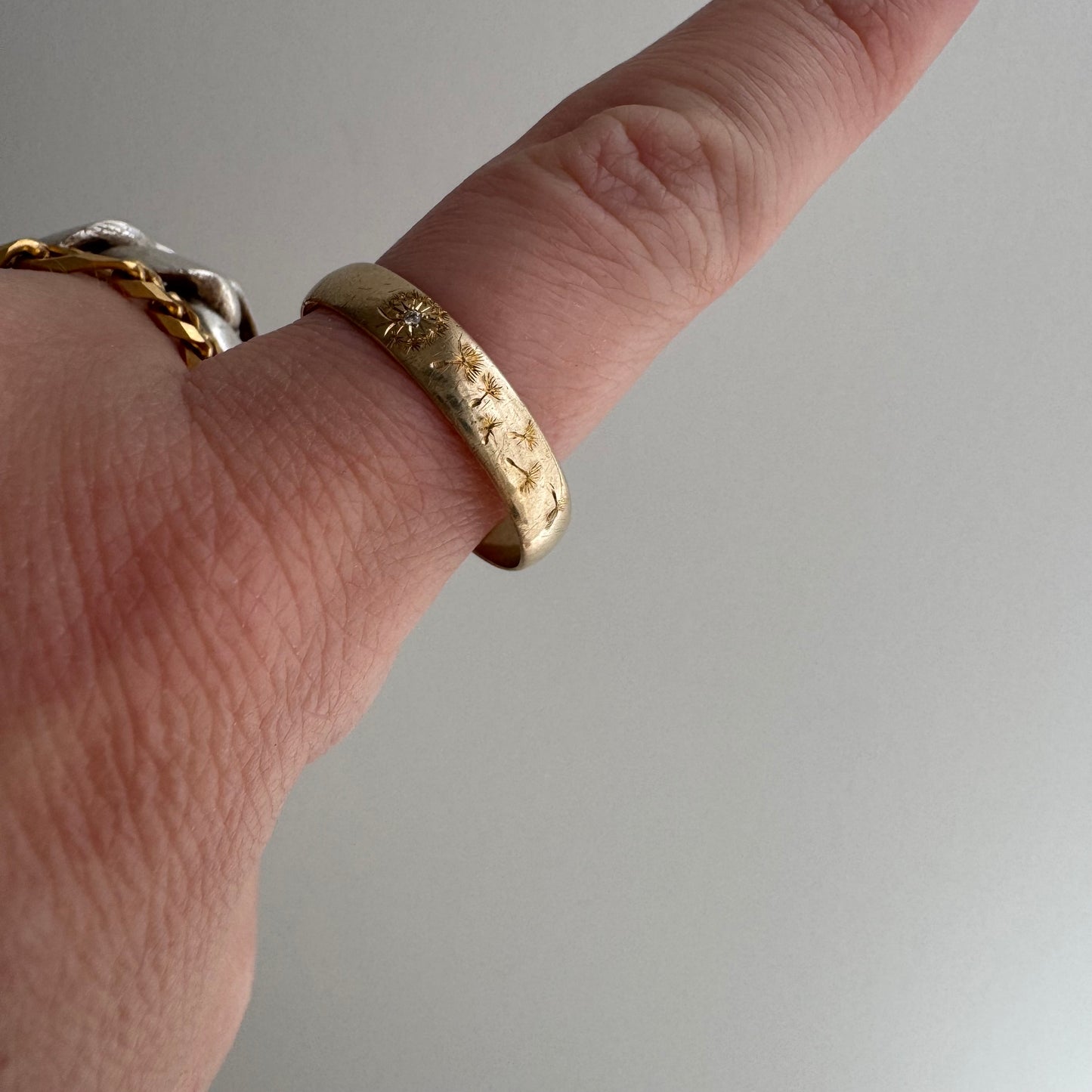 reimagined V I N T A G E // wind blown / 10k yellow gold 4.1mm band with diamond and wind-blown dandelion seeds / size 10.75