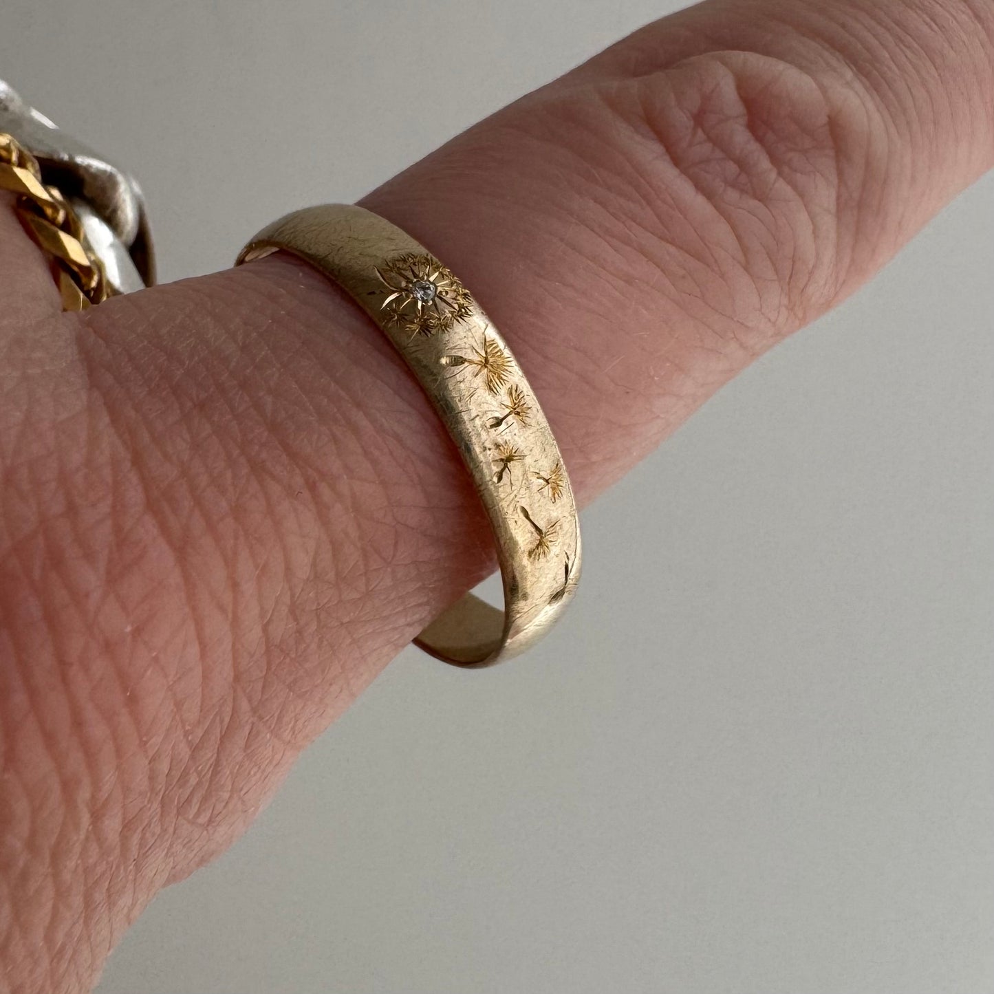 reimagined V I N T A G E // wind blown / 10k yellow gold 4.1mm band with diamond and wind-blown dandelion seeds / size 10.75