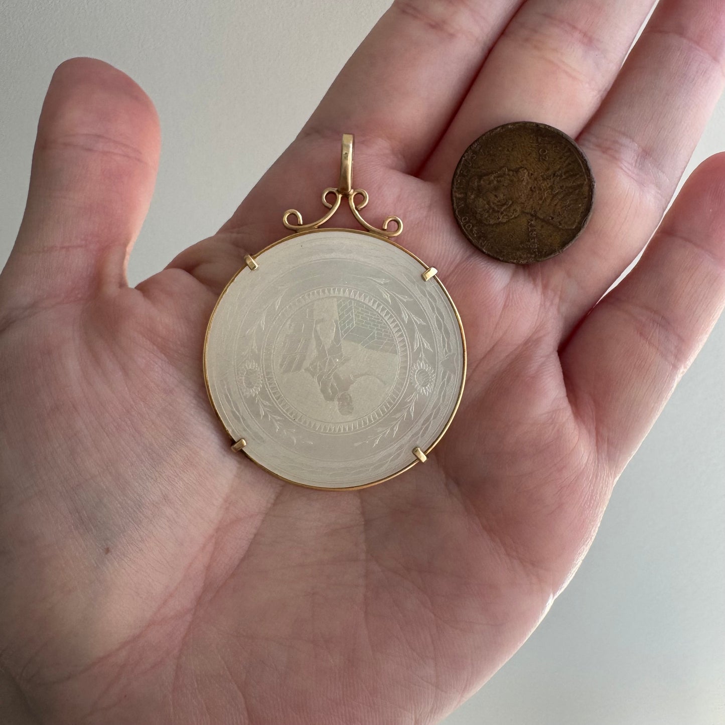 reworked A N T I Q U E // fruits of our labor / solid 14k yellow gold framed antique Chinese gambling chip pendant / carved mother of pearl